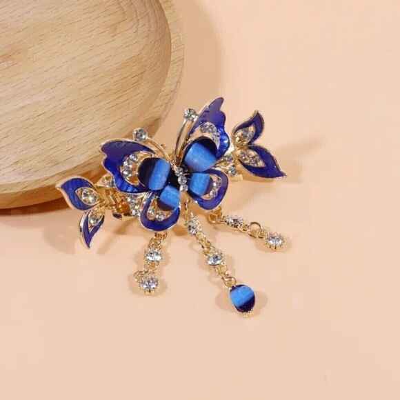 NWT - Blue Butterfly Hair Clip with Rhinestone Tassel and Glitter - Picture 1 of 4